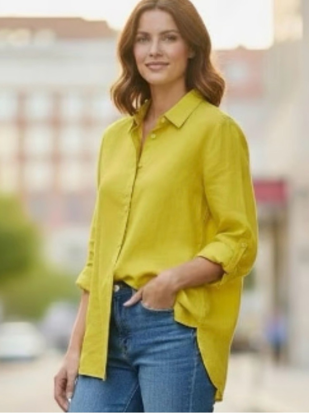 Eileen Fischer Yellow Organic Irish Linen Collared Button Down Shirt